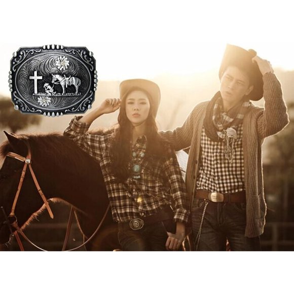 Man Silver Cowboy Rodeo Running Horse Antique Floral Engraved Rope Belt Buckle - Picture 7 of 7